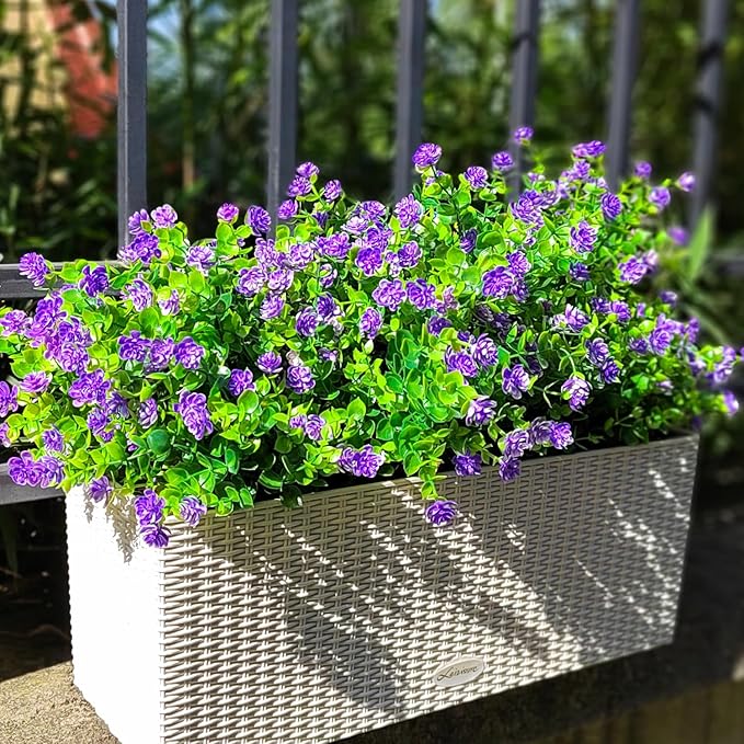 12 Bundles Artificial Flowers for Outdoors, UV Resistant Fake Flowers with Plastic Plants, Faux Flowers for Outside Window Box Front Porch Hanging Planter Decor (Purple)