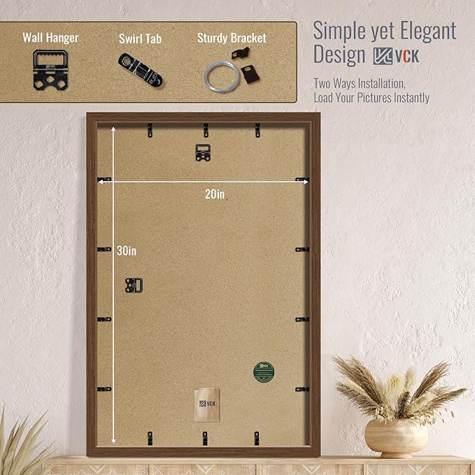 VCK 20x30 Poster Frame 2 Pack - Brown, High-End Wood Picture Frames with Polished Plexiglass, Display 16x24 Photo with Mat or 20x30 without Mat, Art Gallery-Quality, Wall Hanging, Brown