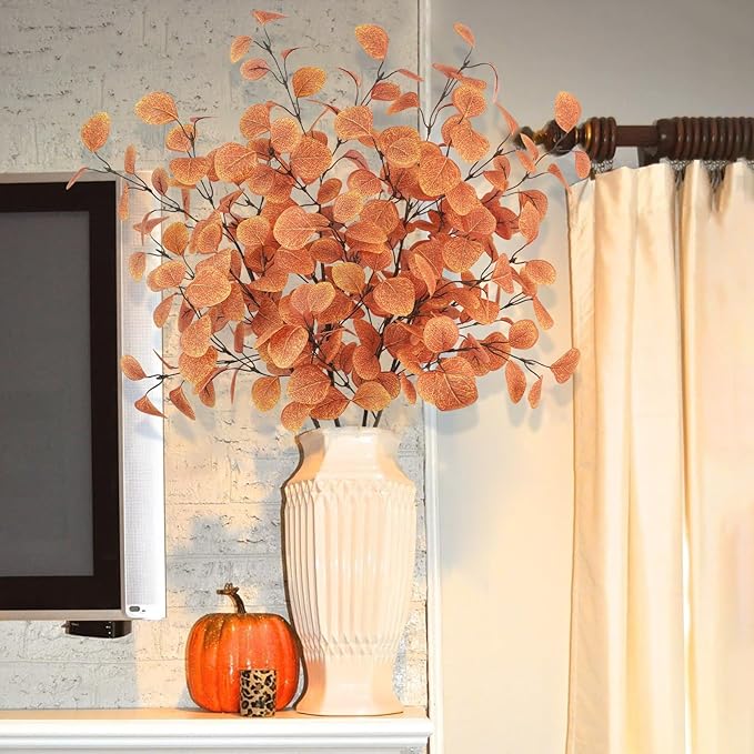 16Pcs Artificial Eucalyptus Leaves Stems 33.8‘’ Eucalyptus Branches Fake Poinsettia Flowers Faux Plants for Home Table Fireplace Party Wedding Thanksgiving Décor