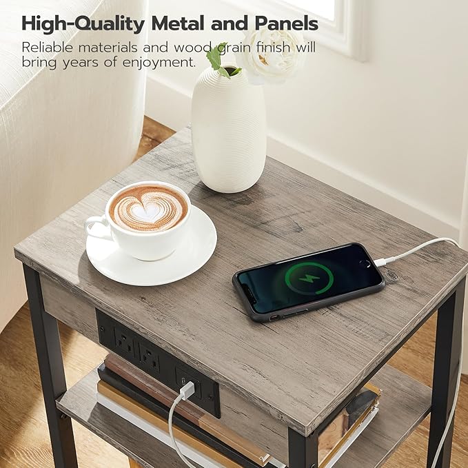 HOOBRO End Table with Charging Station and USB Port, Small Side Table for Small Space, 3-Tier Nightstand with Adjustable Shelf, for Living Room, Bedroom and Balcony, Greige BG112BZ01
