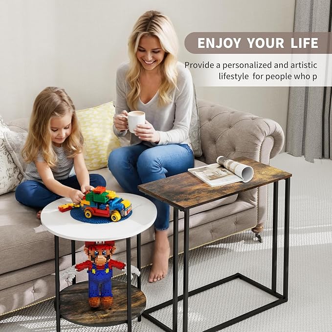 C-Shaped Side Table, Modern End Table with Metal Frame, Space Saving Design for Living Room，Large Surface Couch Table for Bedroom, and Home Office，24 x 12 x 24 inches (Rustic Brown)