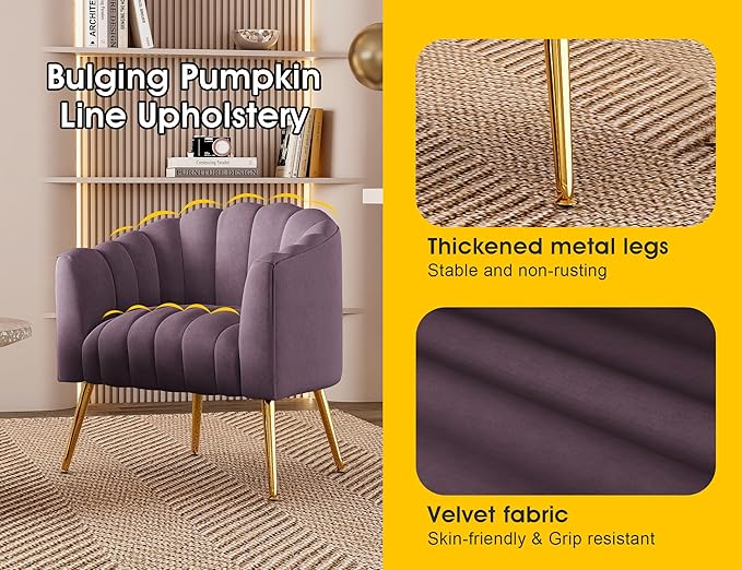 Oversized Pumpkin Couch Accent Chair, Modern Comfy Velvet Upholstered Barrel Chairs, Luxury Single Sofa Armchair for Living Room, Waiting Room, Office and Vanity, (Purple)