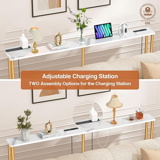 78Inch Console Table with Outlet, Sofa Table with Charger,Skinny Hallway Table, Narrow Entryway Table,Table Behind Sofa,for Living Room,Gold & White