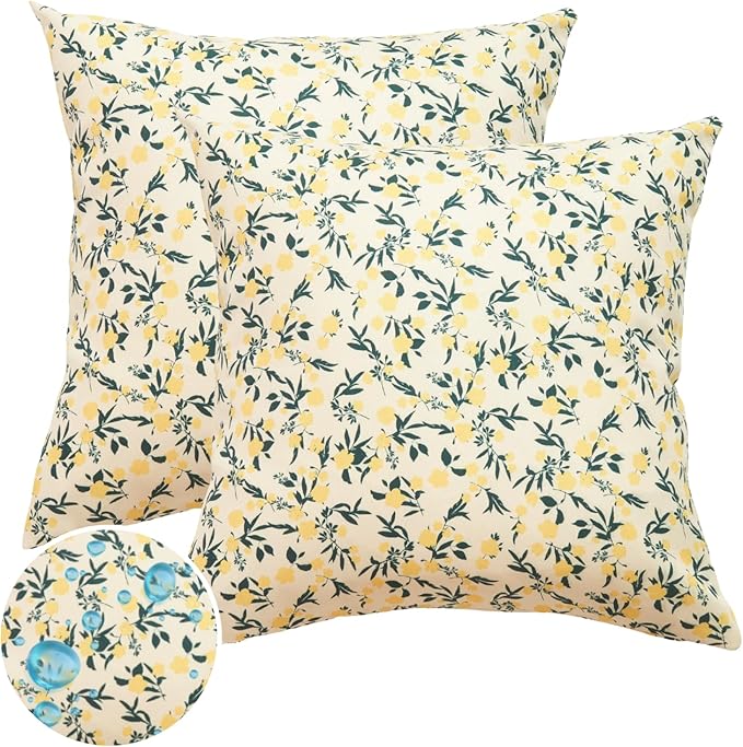 Mantle & Mason Floral Outdoor Pillows Waterproof for Patio Furniture 18x18 Set of 2 Yellow Decorative Pillow Covers for Couch Porch Chair Bench Reversable Cottage Farmhouse Pillow Cases