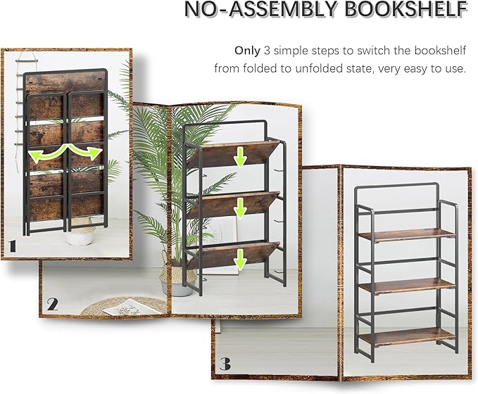 4NM No Assembly Folding Bookshelf, 3-Shelf 42.1" H Collapsible Foldable Bookcase Storage for Small Spaces, Rustic Brown and Black