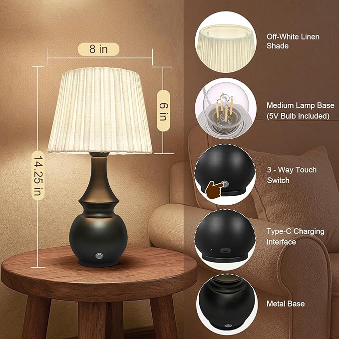 Black Cordless Lamp, Bedside Night Light, 4400mAh Battery Operated Lamp, Touch Lamps for Nightstand with Linen Shade, Rechargeable Table Lamp for Living Room,Dining,Office(Bulb Included)