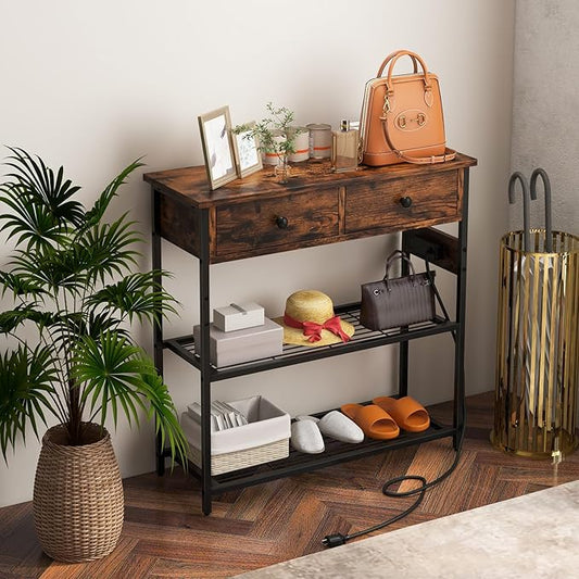 GOFLAME Console Table with Power Outlet, Narrow Entry Table with Drawers, 2 AC Outlets & 2 USB Ports, Sofa Table for Living Room Behind Couch, Living Room, Foyer, Brown