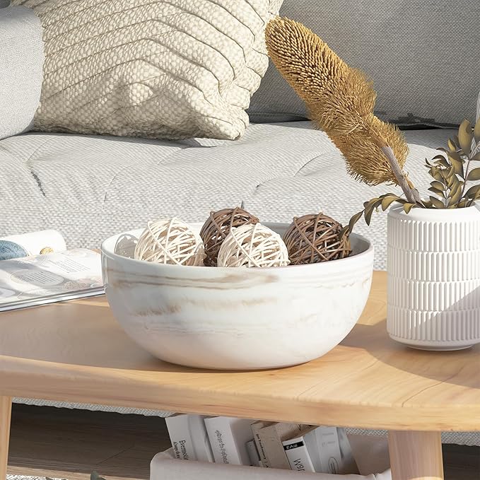 Large Decorative Fruit Bowl, Marble-patterned Ceramic Bowl for Coffee Table Entryway Kitchen Modern Home Decor Centerpiece 9.5 Inches,Brown