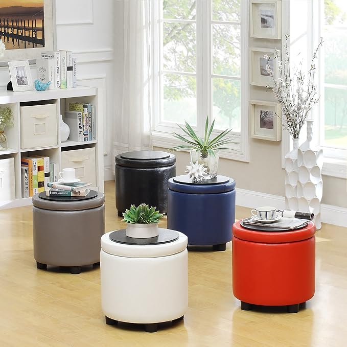 Designs4Comfort Round Accent Storage Ottoman with Reversible Tray Lid