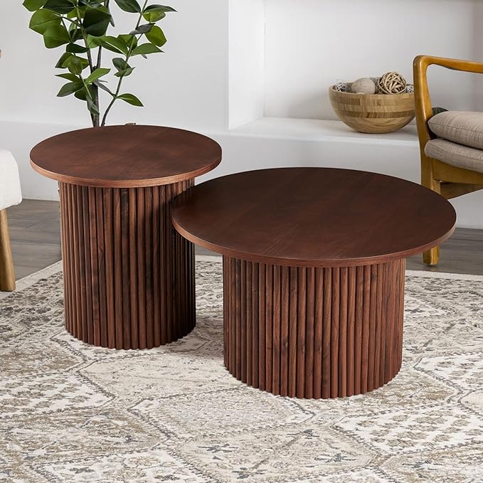 Round Coffee Table Set of 2,Small Side Table Set of 2, Circle Accent Tables with Walnut Wood Veneer Tabletop, Engineered Wood Strip Base for Small Spaces, Living Room