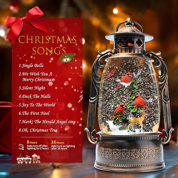 13.4" Christmas Snow Globe Lantern with Swirling Glitter Christmas Decorations Indoor, Cardinals & Rotating Tiny Animal Lighted Musical Snow Globes for Home Decoration USB Powered or Battery Operated