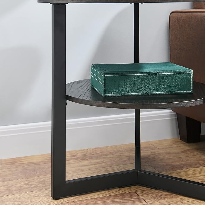 MODERION Large Round End Table with Storage Shelf, Rustic Circular Sofa Side Black Metal Legs, Solid Wood Nightstand, Telephone for Living Room, Bedroom, 25.2''D x 24''H Brushed CJZ1338BK