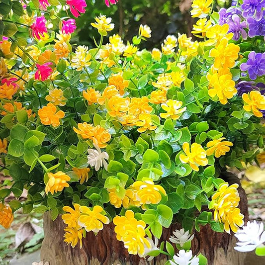 12 Bundles Artificial Flowers for Outdoors, UV Resistant Fake Flowers with Plastic Plants, Faux Flowers for Outside Window Box Front Porch Hanging Planter Decor (Yellow)
