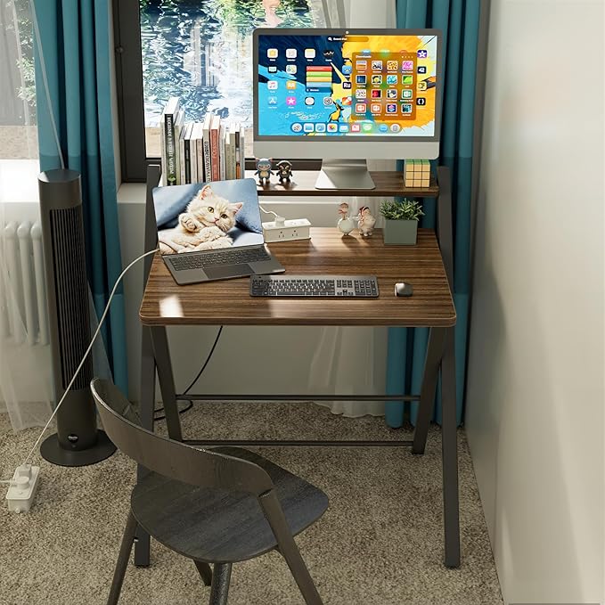 GreenForest No Assembly Folding Desk, 2-Tier Compact Computer Desk with Shelf, 30 inch Space Saving Foldable Table for Home Office, Dorm or Apartment, Portable Collapsible Sturdy Laptop Desk, Espresso