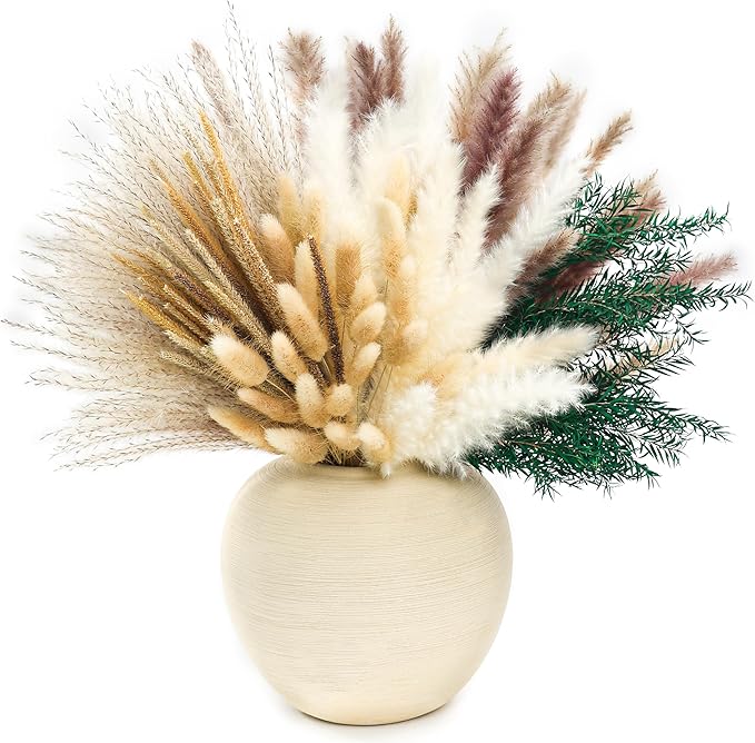 100 PCS Pampas Grass (Vase Not Included), Dried Flowers Bouquets, Wedding Table Decor, Bedroom, Rustic Farm Decor.(Green)