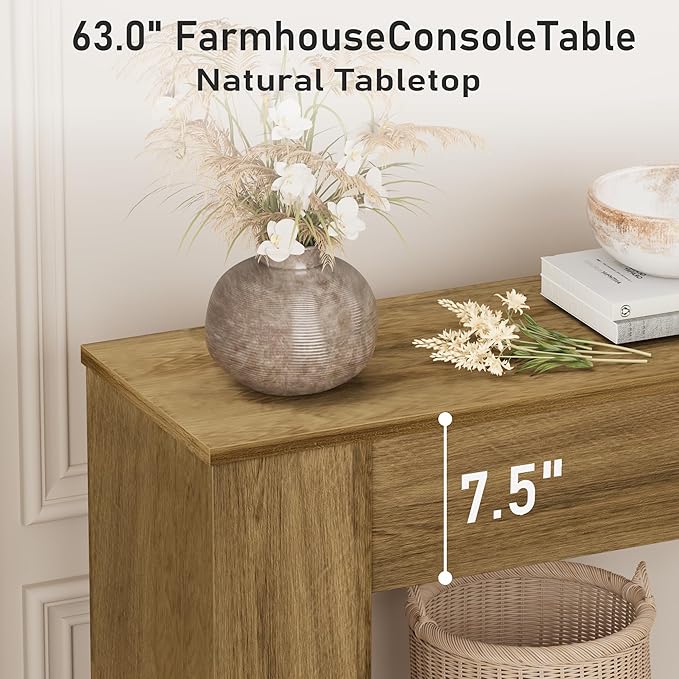 JUSTOGO 63" Long Console Table, Wood Entryway Table Behind The Couch, Rectangular Farmhouse Sofa Table with Heavy Duty Legs, Accent Furniture for Living Room, Entrance, Hallway, Foyer, Brown