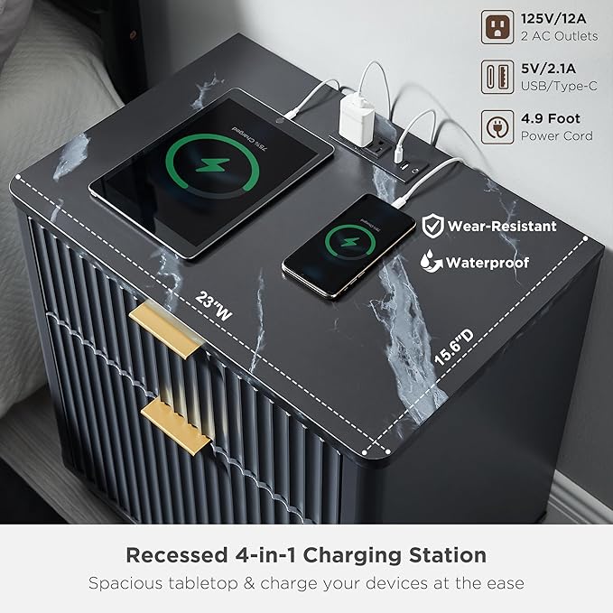 T4TREAM 23'' Fluted Nightstand Set of 2 with Charging Station, Large 2 Drawer Bedside Table, Modern End Table with Storage, Mid Century Night Stand for Bedroom Living Room, Curved Profile, Dark Grey