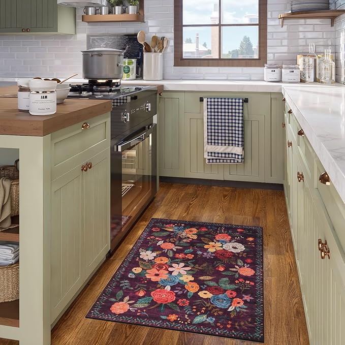 Floral Rug for Entryway, 2X3 Washable Kitchen Mat Ultra-Thin Soft, Non-Slip Indoor Door Carpet Stain Resistant Boho Small Low-Pile Throw for Bathroom Bedroom (2 x 3, Purple Lawn)