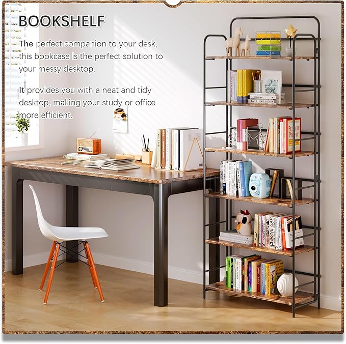 4NM No Assembly Folding Bookshelf, 6 Tiers Collapsible Book Shelves Open Industrial Foldable Storage Bookcase Shelf for Bedroom, Living Room, Home Office - Rustic Brown and Black