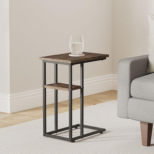 C Shaped End Table with Metal Frame, 2 Tier Sturdy C Table Side Table for Couch Sofa Bedside Small Space, C Snack Table TV Tray Record Player Stand Small Tables for Living Room Bedroom, Rustic Brown