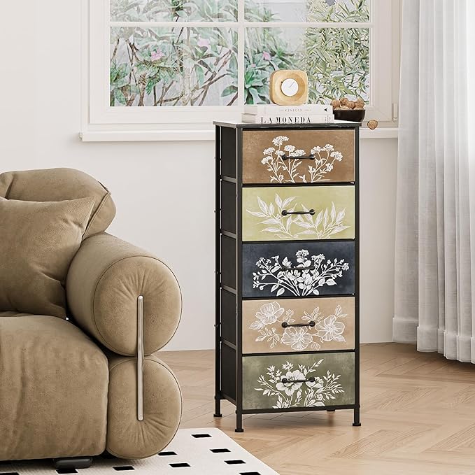 Tohomeor Vintage Dresser Vertical Nightstand with Neutral Botanical Plant Fabric Chest Drawers for Closet Bathroom Storage Tower Unit Bed Side Organizer Farmhouse Rustic (Multi, 5 Drawers)