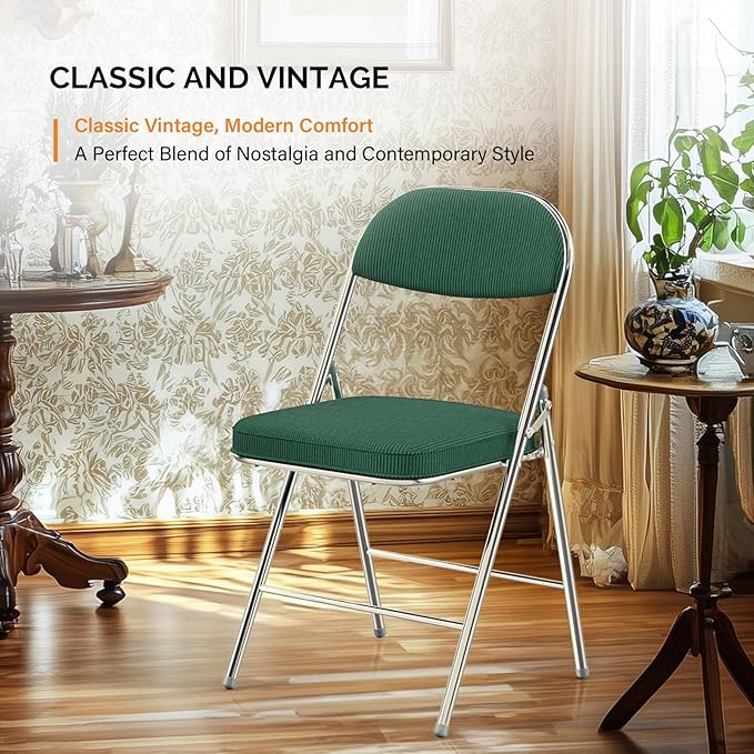 VINGLI Folding Chairs with Padded Seat & Backrest, Metal Frame, Durable Corduroy Fabric, 350 lbs Capacity, Set of 1, Olive Green – Ideal for Weddings, Parties, Office Events