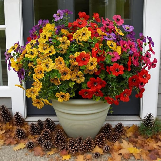 12 Bundles Artificial Flowers for Outdoor Indoor Fake Flowers UV Resistant Artificial Outdoor Flowers Fake Plants Faux Flower for Porch Garden Home Patio Decor Home ((Mix Pink Red Purple Yellow))