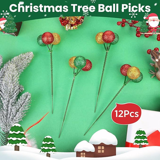 12 Pcs Christmas Tree Ball Ornaments Christmas Ball Picks for Xmas Tree Wreath Garland Vase Stairs Decoration Home Decor (Gold, Green, Red)
