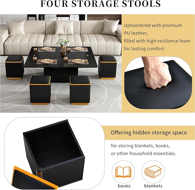Lift Top Coffee Table with 4 Storage Stools and Foldable Top, Modern 47.2'' Rectangular Multi-Functional Adjustable Dining Table Task Table with Hidden Compartment for Living Room,Black