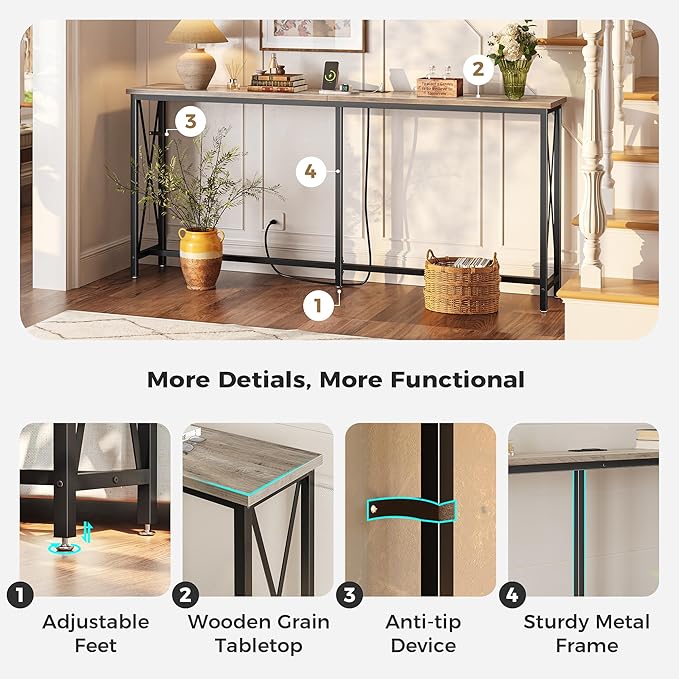 SUPERJARE 70 Inch Console Table with Outlets and USB-C Port, Extra Long Behind Couch Sofa Table with X-Shaped Design, Narrow for Entryway, Living Room, Metal Frame, Wooden Top, Grey Oak