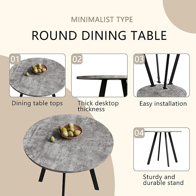 Round Dining Table, Modern Small Round Coffee Table, 33.5'' Mid-Century Round Leisure Table with Four Iron Legs for 2-4 Person, Suitable for Living Room, Kitchen, Cafe and Home Office