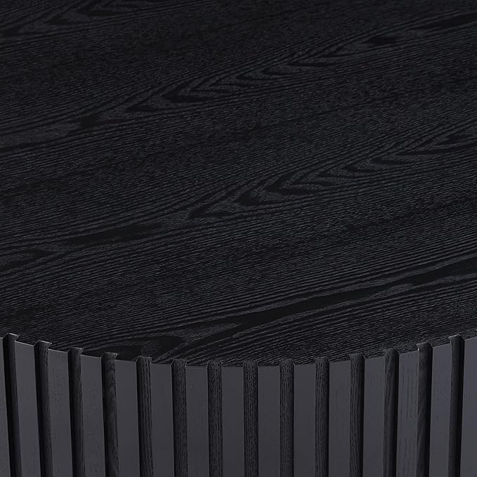 31.49'' Black Round Coffee Table for Living Room, Modern Wood Nesting Coffee Table Handcraft Circle Fluted Drum Coffee Table, Easy Assembly,Black