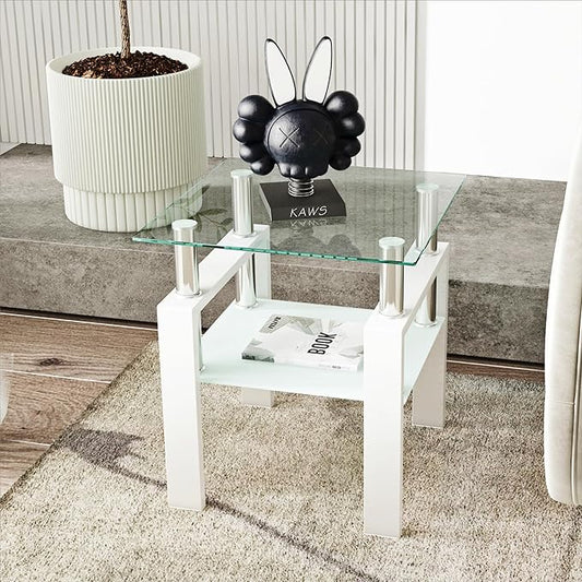 Glass Side Table 2-Tier Modern Glass Top Corner Table Living Room Side Table with Metal Leg for Living Room, Dining Room, Bedroom (1, White)