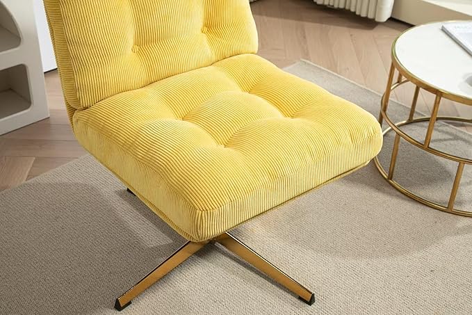 ZOBIDO Modern Accent Corduroy Chairs Comfy Upholstered Vanity Chairs for Bedroom Armchair Dining Chairs with Golden Metal Legs Desk Chair for Living Room(Yellow