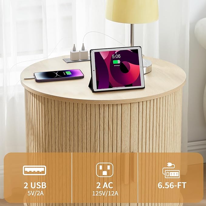 AVZEAR 24" Large Round End Table with Charging Station, Farmhouse Fluted Sofa Side Table with Sliding Tambour Door & Storage, Mid-Century Wood Nightstand for Living Room, Bedroom, Natural