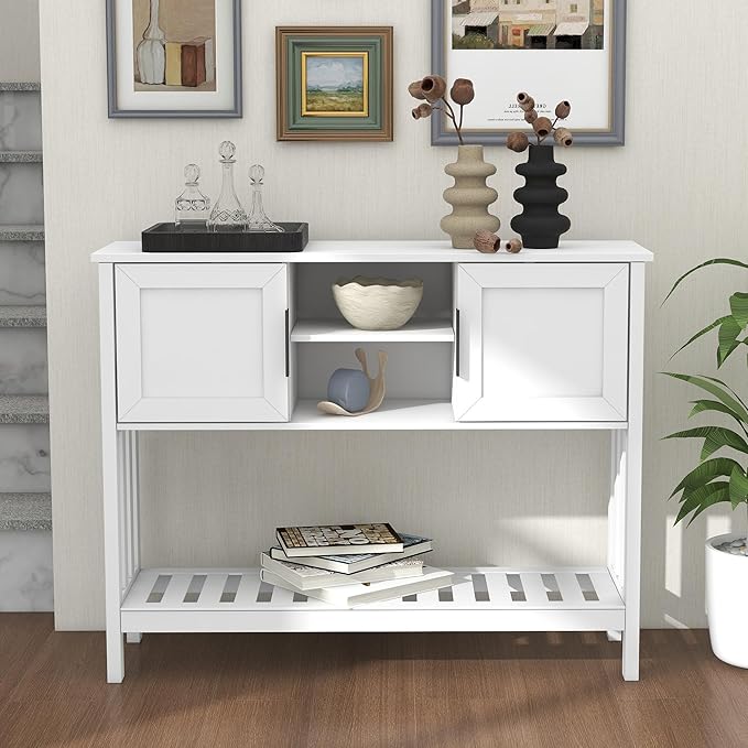 TaoHFE Console Table with Storage with Doors,Modern Fashion White Narrow Side Table Wooden Entry Table with Storage,Hallway Table for Living Room Entryway