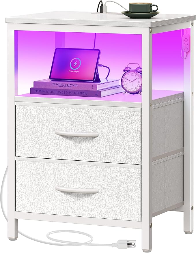 Night Stand with Charger Station and LED Lights, 2 Drawer Nightstand, Bed Side Table with Open Shelf, End Table, Fabric Dresser for Bedroom, PU Leather, White
