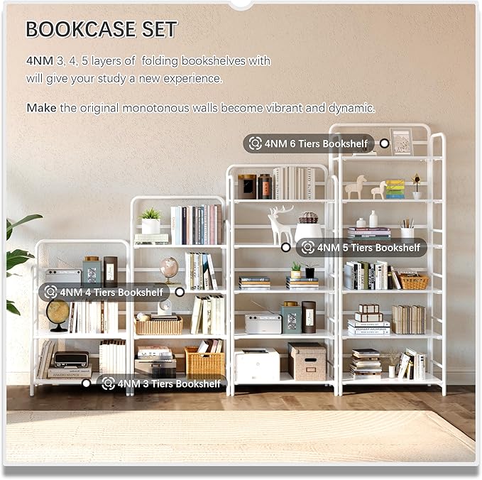 4NM No Assembly Folding Bookshelf, 5 Tiers Collapsible Book Shelves Open Industrial Foldable Storage Bookcase Shelf for Bedroom, Living Room, Home Office - All White