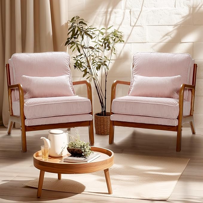 FLEXISPOT AC1 Mid Century Modern Accent Chair with Wood Frame, Corduroy Upholstered Armchair with Thickened Backrest & Lumbar Pillow, Comfy Reading Chair for Living Room, Bedroom, Balcony (Pink)
