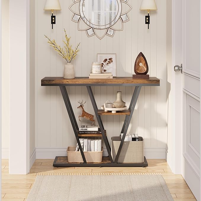 POZILAN 41.3" Console Table for Entryway, 4-Tier Sofa Entryway Table, Narrow Side Tables with Storage Shelves, Farmhouse Accent Hallway Tables for Living Room, Foyer, Entrance, Rustic Brown