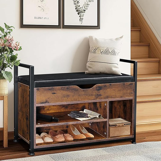 35" Wood Shoe Rack for Entryway, Shoe Bench with Storage and Padded Cushion Seat, Bench Organizer, Ideal for Foyer, Mudroom, Hallway, or Bedroom, Rustic Brown and Black