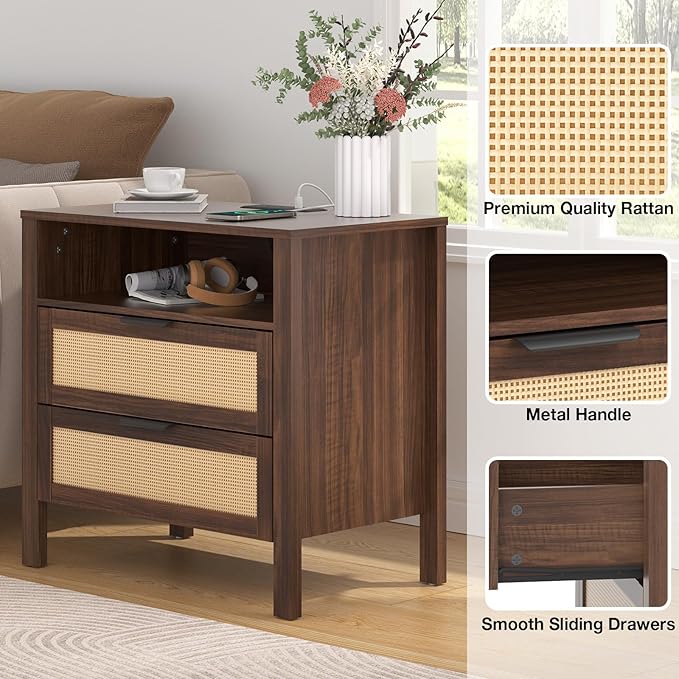 HOMMPA Nightstand with Charging Station, Boho Bedside Table with USB and Type-C Ports, Large Rattan Night Stand with 2 Drawers, Side Table End Table for Bedroom, Living Room, Small Space, Walnut