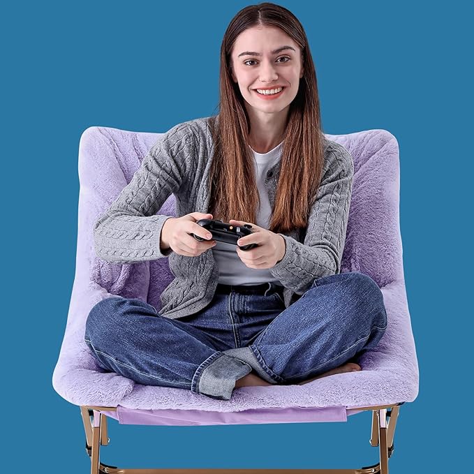 OAKHAM Comfy Chair for Adults, Soft Faux Fur Folding Lounge for Bedroom Living Room Dorm Rooms Flexible Reading Chair for Teens Kids, X-Large Foldable (Faux Fur-Lavender)