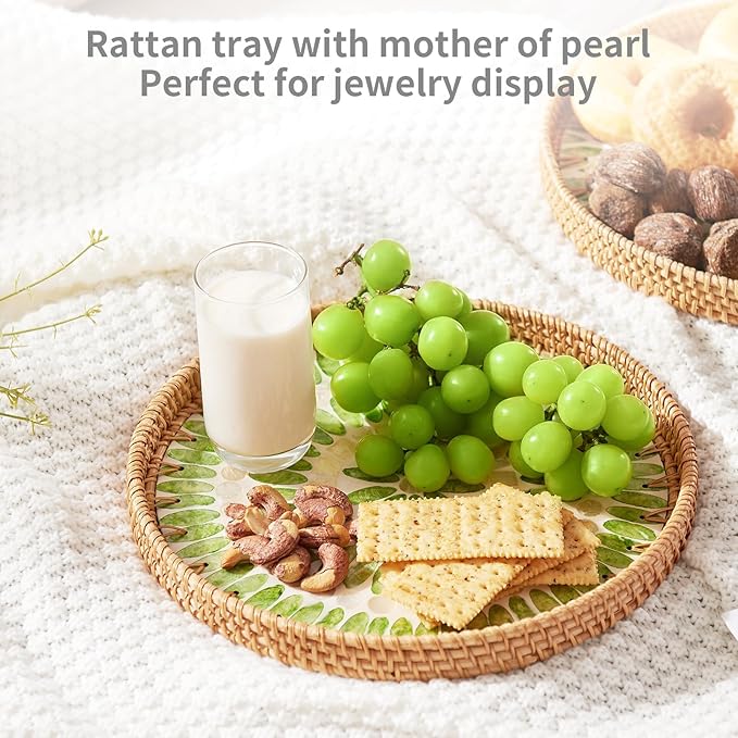 Rattan Tray with Mother of Pearl Inlay, Round Rattan Serving Tray with Wooden Base, Decorative Wicker Basket for Table Decor, Mosaic Tray for Storage and Display of Jewelry Coffee Food (Emerald green)