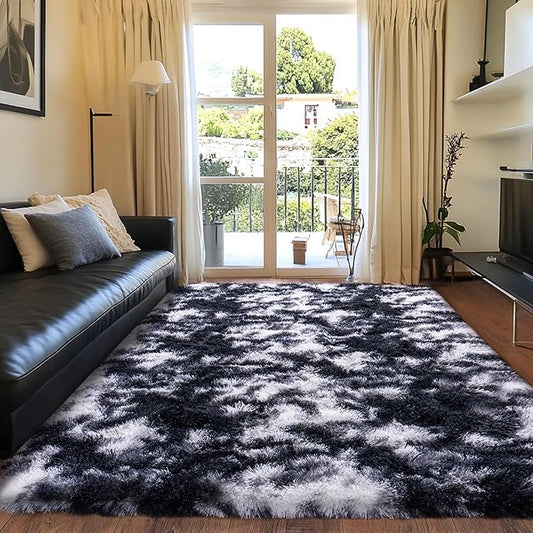 Black and White Rug for Bedroom, 5x7 Area Rug for Kids Room, Bedside Indoor Floor Fluffy Shag Carpet, Plush Soft Rug for Living Room Nursery Dorm Home Decor