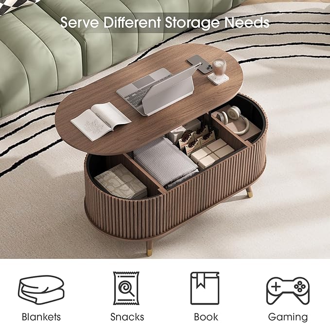 Oval Coffee Table with Storage,42.5” Fluted Coffee Table with Lifting Top & Solid Wood Legs,Modern Lift Up Center Table for Living Room,Home Office,Walnut