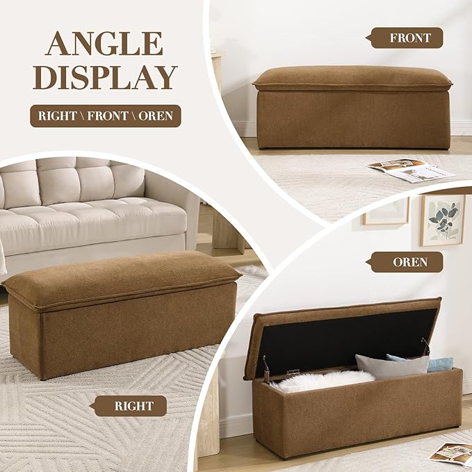 CIMOTA Storage Ottoman Bench, Upholstered End of Bed Storage Bench with Safety Hinge, Large Storage Chest with Seating, Modern Entryway Bench for Bedroom, Living Room, Chenille Brown