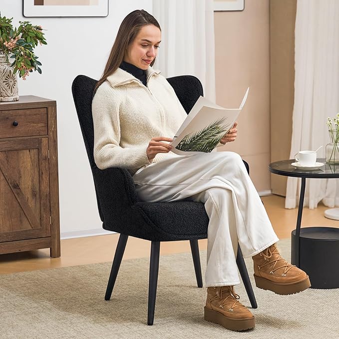 Furniliving Boucle Accent Chair for Living Room, Upholstered Reading Chair with High Backrest, Tufted-Button Wingback Armchair for Bedroom, Dressing Room, Home Office, Black