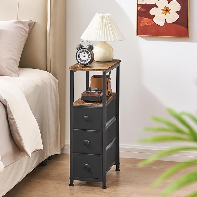 End Table, Narrow Side Table with 3 Fabric Drawers, Slim Nightstand, Small Bedside Table with Storage, Living Room, Bedroom, Rustic Brown HKET1300BR