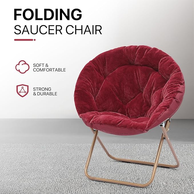Athena Collection Comfy Saucer Chair Folding Cozy Chair for Bed Room Living Room Accent Chair Faux Fur Reading Chair Foldable Metal Frame Lazy Chair Moon Chair for Adult, Red